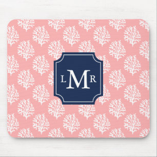 Cute Coral Pattern and Blue Monogram Mouse Mat