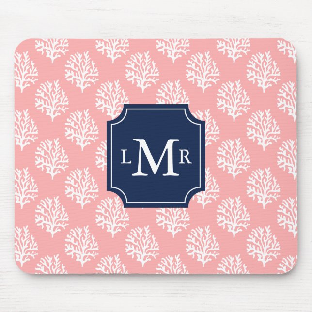 Cute Coral Pattern and Blue Monogram Mouse Mat (Front)