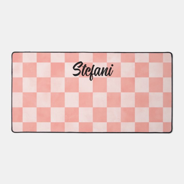 Cute Coral Peach Checkers Pattern Name Desk Mat (Front)
