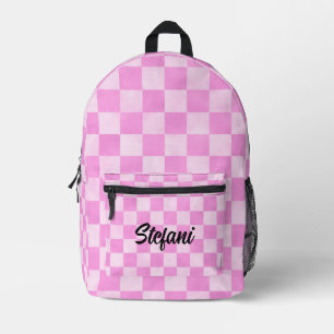 Cute Coral Peach Checkers Pattern Name Printed Backpack