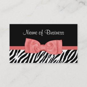 Cute Coral Pink and Black Zebra Print Pretty Bow Business Card