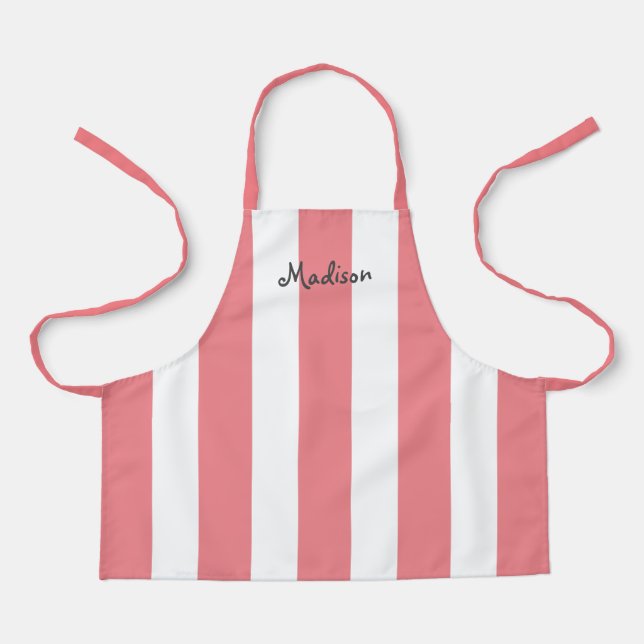 Cute Coral Pink And White Stripes Personalised Apron (Front)