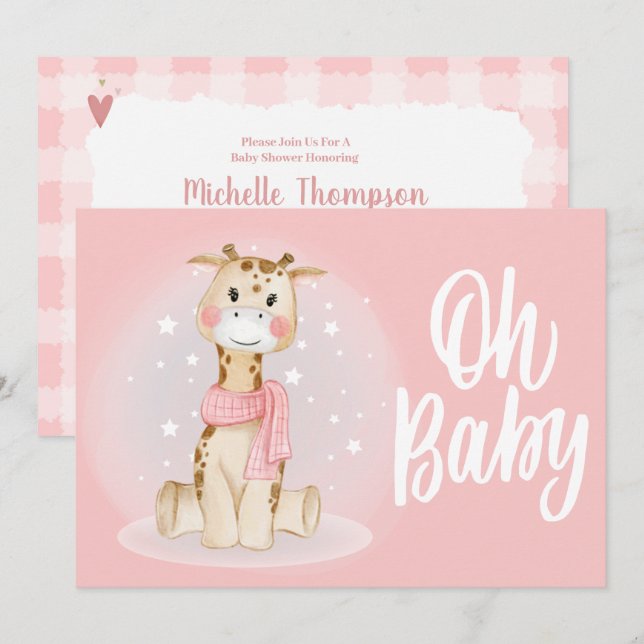 Cute Coral Pink Giraffe Baby Shower Invitation (Front/Back)