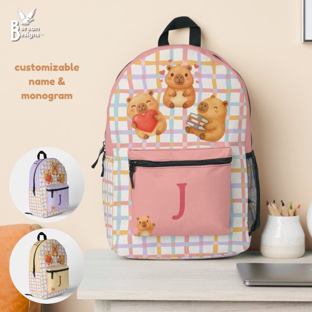Cute Coral Pink Personalised Capybara Printed Backpack (Cute capybara backpack with customizable name and monogram. Great back to school gift. Other colors.)