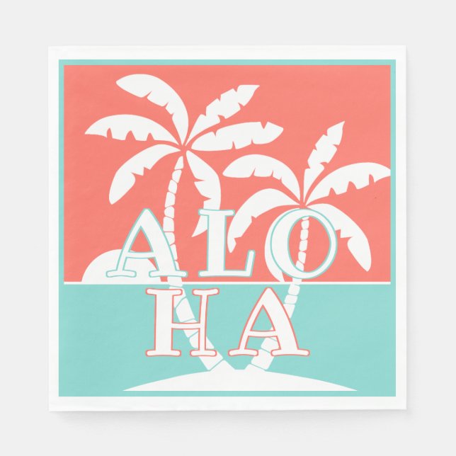 Cute Coral Sunset Palm Trees On Beach Art Motif Napkin (Front)