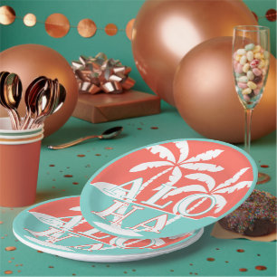 Cute Coral Sunset Palm Trees On Beach Art Motif Paper Plate