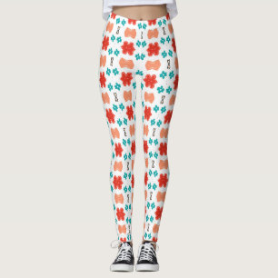 Cute Coral Teddy Bear Floral Pattern Leggings
