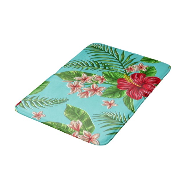 Cute Coral Tropical Hibiscus Flower On Turquoise Bath Mat (Angled)