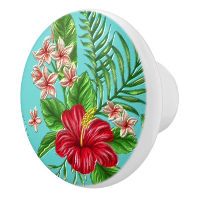 Cute Coral Tropical Hibiscus Flower On Turquoise Ceramic Knob (Right)