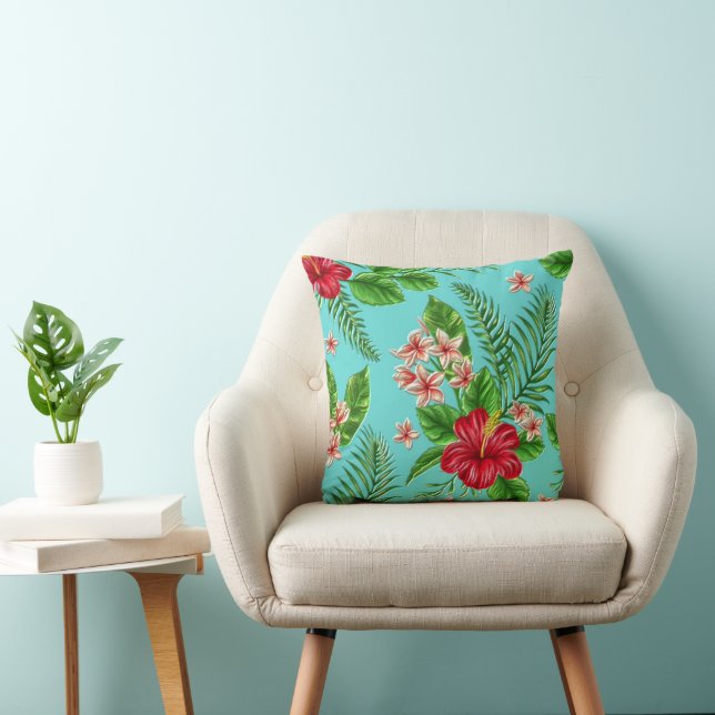 Cute Coral Tropical Hibiscus Flower On Turquoise Cushion (Chair)