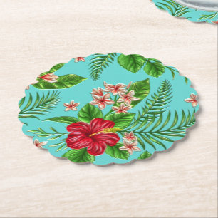 Cute Coral Tropical Hibiscus Flower On Turquoise Paper Coaster