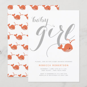 Cute coral whale typography baby girl shower invitation