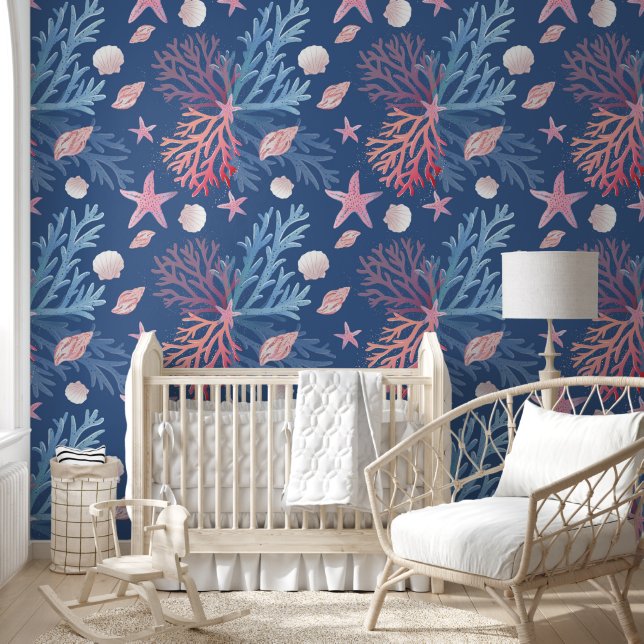 Cute Corals Seashells Oysters In Ocean Dusky Blue Wallpaper (Kids)