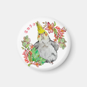 Cute Corella parrot in tropical flowers Baby Bodys Magnet