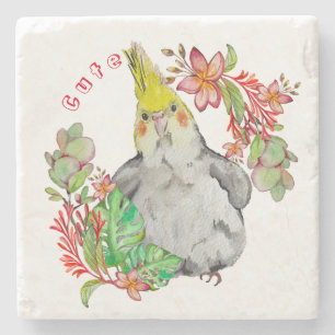 Cute Corella parrot in tropical flowers Baby Bodys Stone Coaster