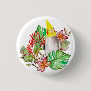 Cute Corella parrot in tropical plants and flowers 3 Cm Round Badge