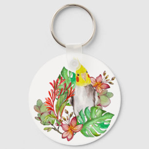 Cute Corella parrot in tropical plants and flowers Key Ring