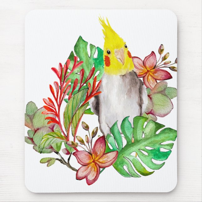 Cute Corella parrot in tropical plants and flowers Mouse Mat (Front)