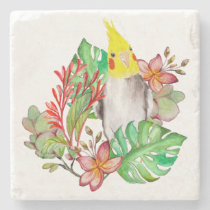 Cute Corella parrot in tropical plants and flowers Stone Coaster