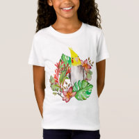 Cute Corella parrot in tropical plants and flowers