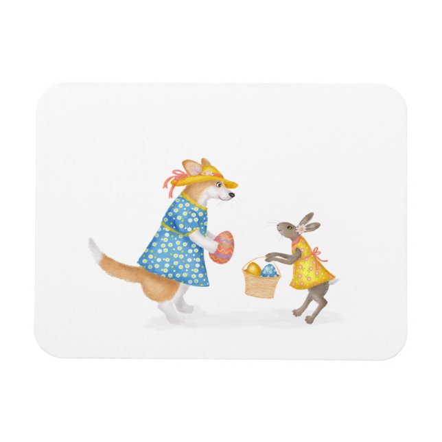Cute corgi and hare Easter magnet (Horizontal)