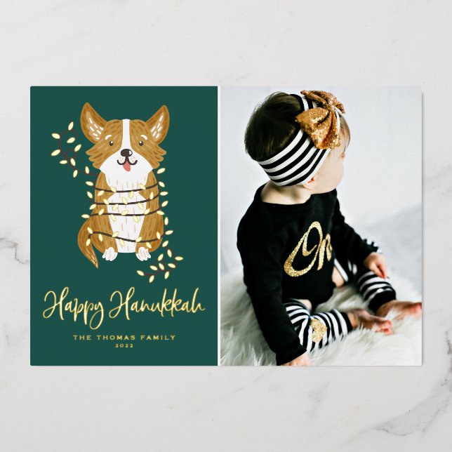 Cute Corgi and String Lights Photo Happy Hanukkah Foil Holiday Card (Front)