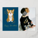 Cute Corgi and String Lights Photo Happy Hanukkah  Foil Holiday Card<br><div class="desc">Happy Hanukkah! Send your festive greetings with this customisable gold foil Hanukkah photo flat card. It features an adorable corgi wrapped in string lights. Personalise by adding a photo,  names,  year and other details. This cute corgi photo Hanukkah flat card is available in other foil colours.</div>