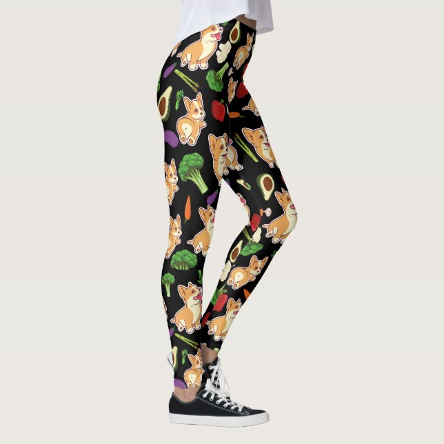Cute Corgi and Vegetables Food Pattern  Black  Leggings (Right)