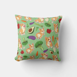 Cute Corgi and Vegetables Food Pattern Green Cushion
