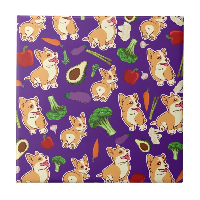 Cute Corgi and Vegetables Food Pattern Tile (Front)