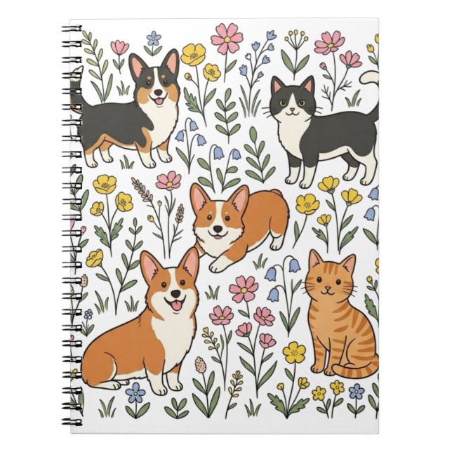Cute Corgi Cat Wildflower Notebook (Front)