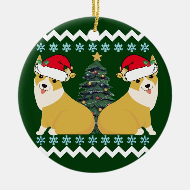Cute Corgi Christmas Santa Ceramic Tree Decoration (Front)