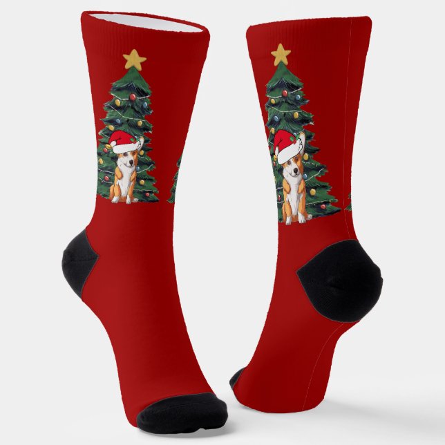 Cute Corgi Christmas Tree Red Holiday Socks (Angled)