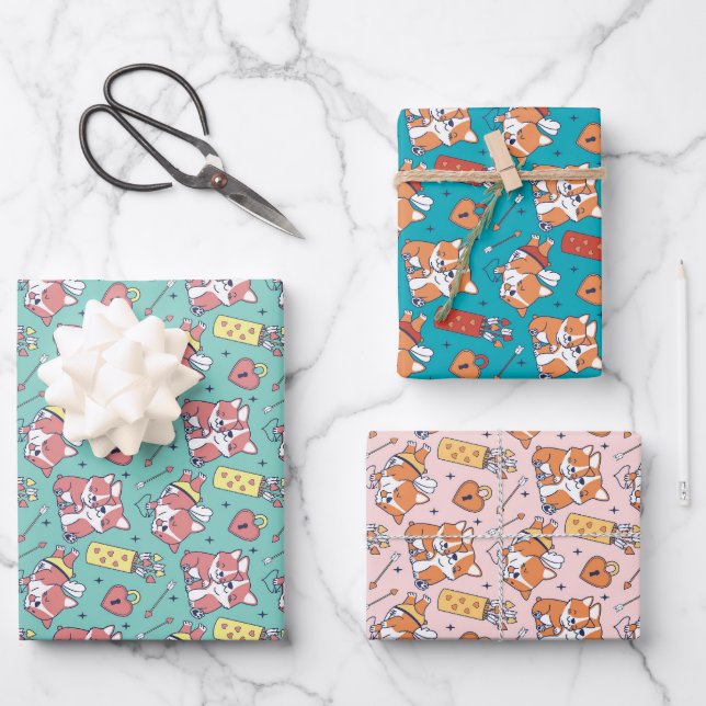 Cute Corgi Cupid Love Dog Pattern Valentine's Day Wrapping Paper Sheet (Front)