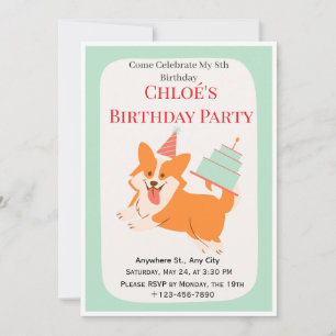 Cute Corgi Dog 8th Birthday Party Invitation