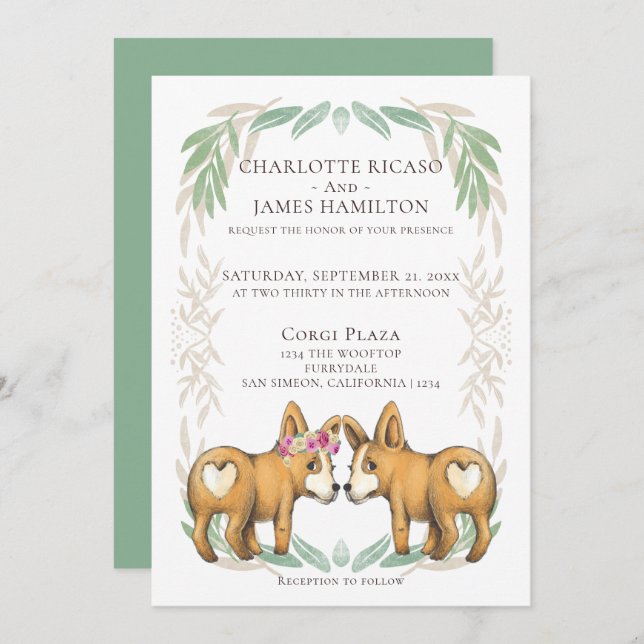 Cute Corgi Dog Bride and Groom Wedding Invitation (Front/Back)
