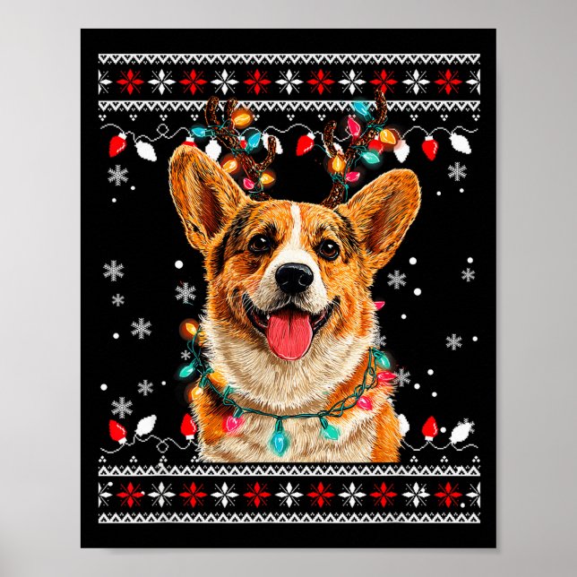Cute Corgi Dog Christmas Reindeer Santa Hat  Poster (Front)
