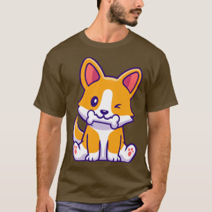 Cute Corgi Dog Eating Bone Cartoon T-Shirt