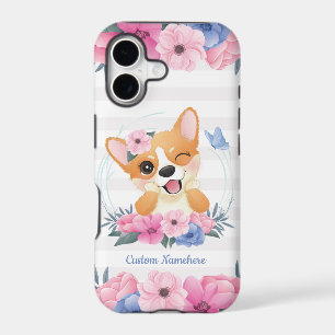 Cute Corgi Dog Flower Wreath Blue Butterfly Custom