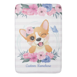 Cute Corgi Dog Flower Wreath Blue Butterfly Custom Bath Mat