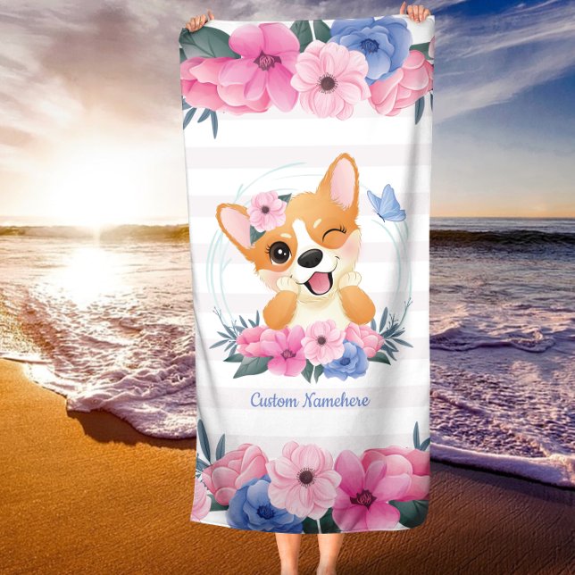 Cute Corgi Dog Flower Wreath Blue Butterfly Custom Beach Towel (Creator Uploaded)
