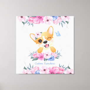 Cute Corgi Dog Flower Wreath Blue Butterfly Custom Canvas Print