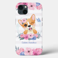 Cute Corgi Dog Flower Wreath Blue Butterfly Custom