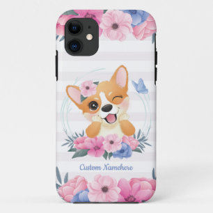 Cute Corgi Dog Flower Wreath Blue Butterfly Custom iPhone 11 Case