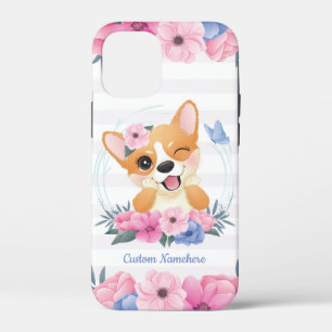 Cute Corgi Dog Flower Wreath Blue Butterfly Custom iPhone 12 Mini Case