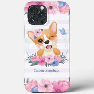 Cute Corgi Dog Flower Wreath Blue Butterfly Custom iPhone 13 Pro Max Case