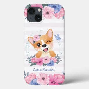 Cute Corgi Dog Flower Wreath Blue Butterfly Custom iPhone 13 Case