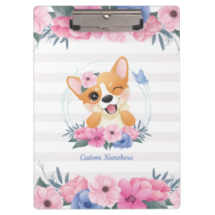Cute Corgi Dog Flower Wreath Blue Butterfly Custom Clipboard