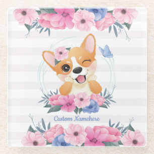 Cute Corgi Dog Flower Wreath Blue Butterfly Custom Glass Coaster