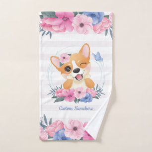 Cute Corgi Dog Flower Wreath Blue Butterfly Custom Hand Towel